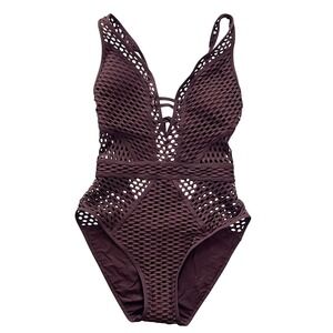 BECCA NWOT Mocha Castaway Fishnet One-Piece Swimsuit Women's Size Medium